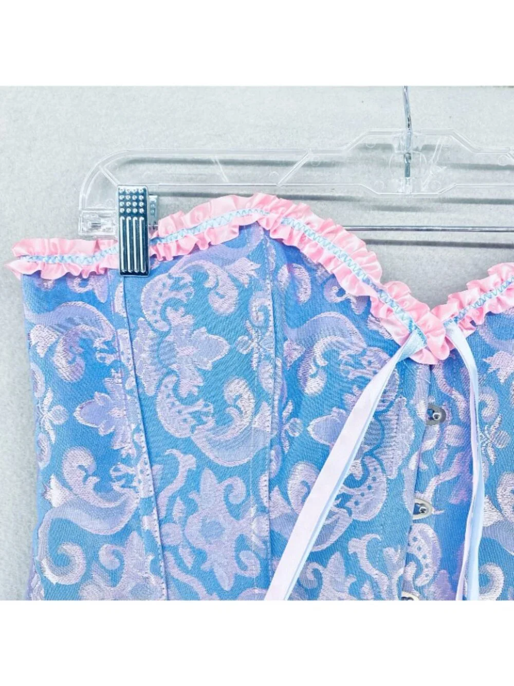 Womens Corset Large Blue Pink Satin Bustier Lingerie Set G String Bows
